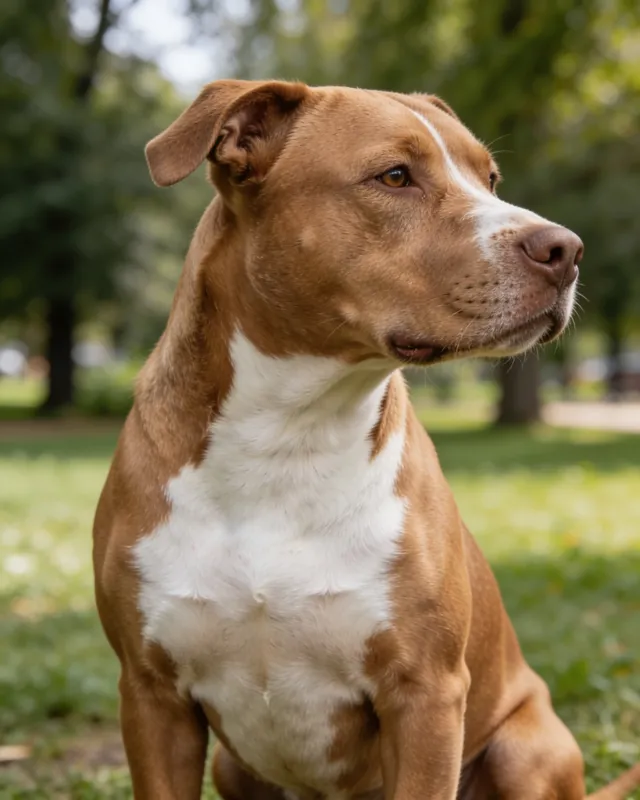 American Staffordshire Terrier fauve et blanc assis dans un parc